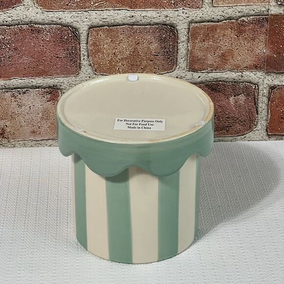 Striped Ceramic Planter Scallop Petal Edge DRAINAGE Attached Saucer Blue Cream - Picture 10 of 12